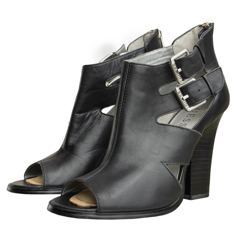 GUESS Alissia Black Leather Peep Toe Booties Heels Sandal Buckle Moto Y2K Size 6